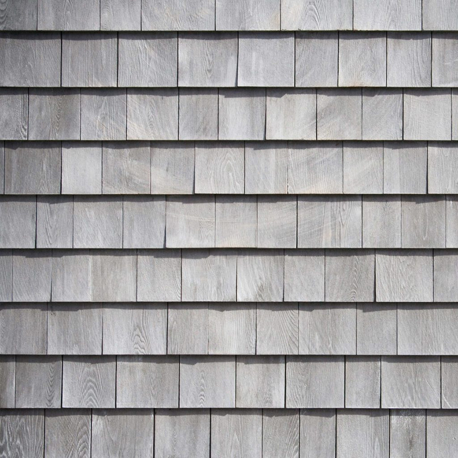 Grey wood shingles, weathered wood siding