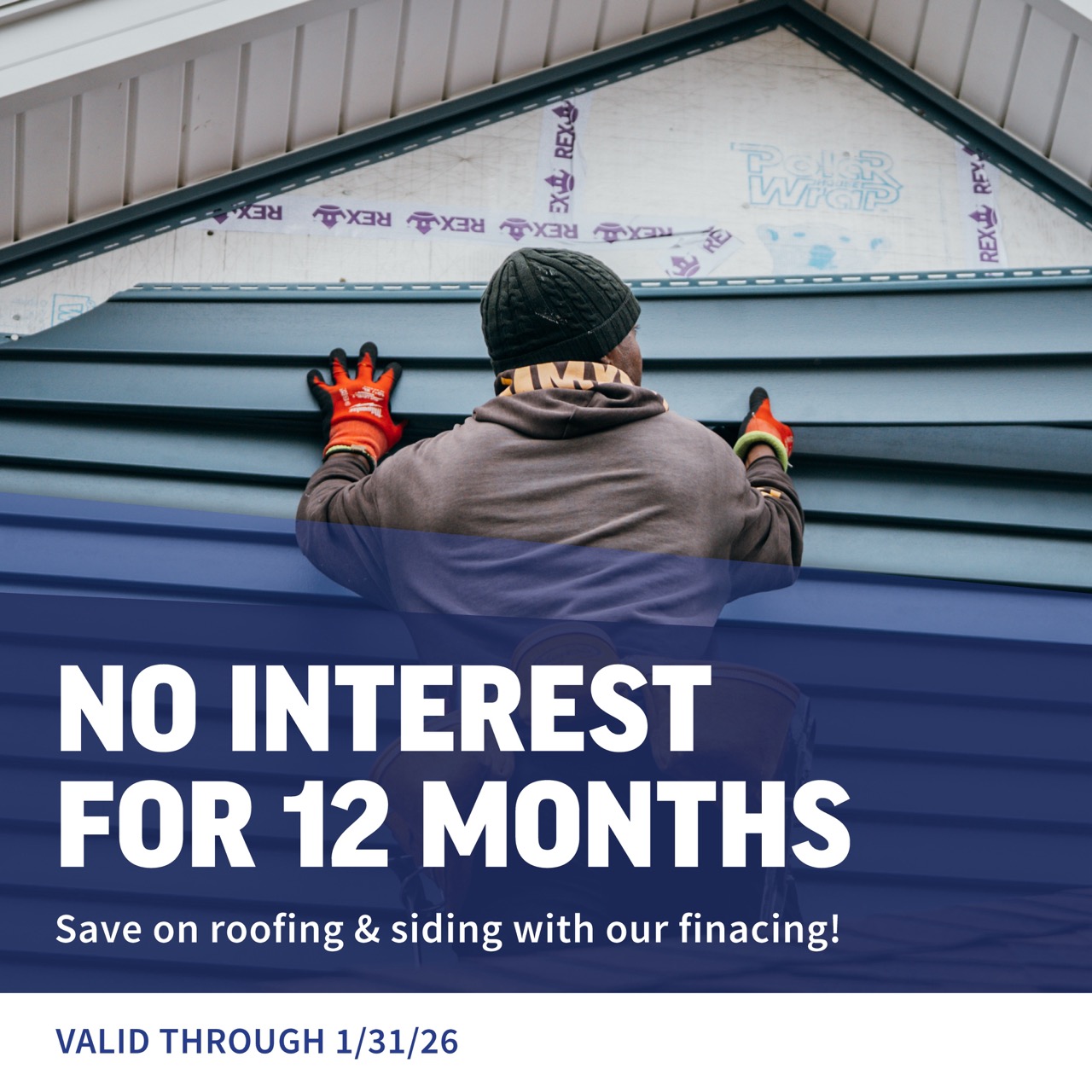 Man installing roofing with financing offer. Save on roofing and siding.