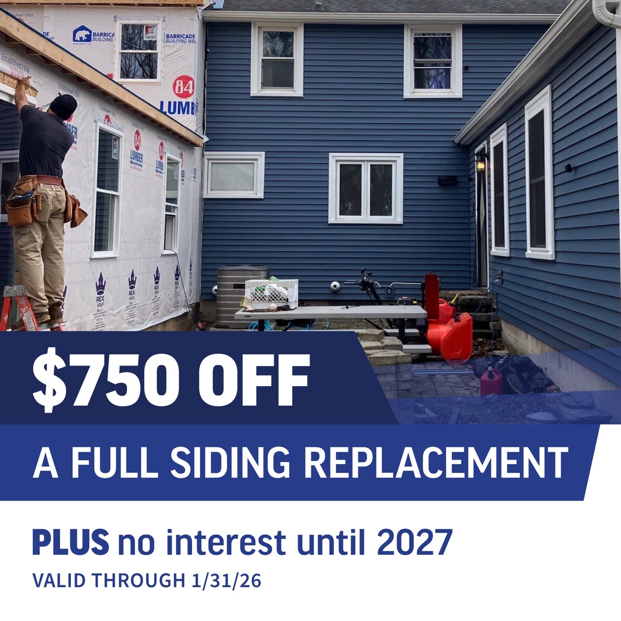 A worker installing siding on a house. Get $750 off a full siding replacement.