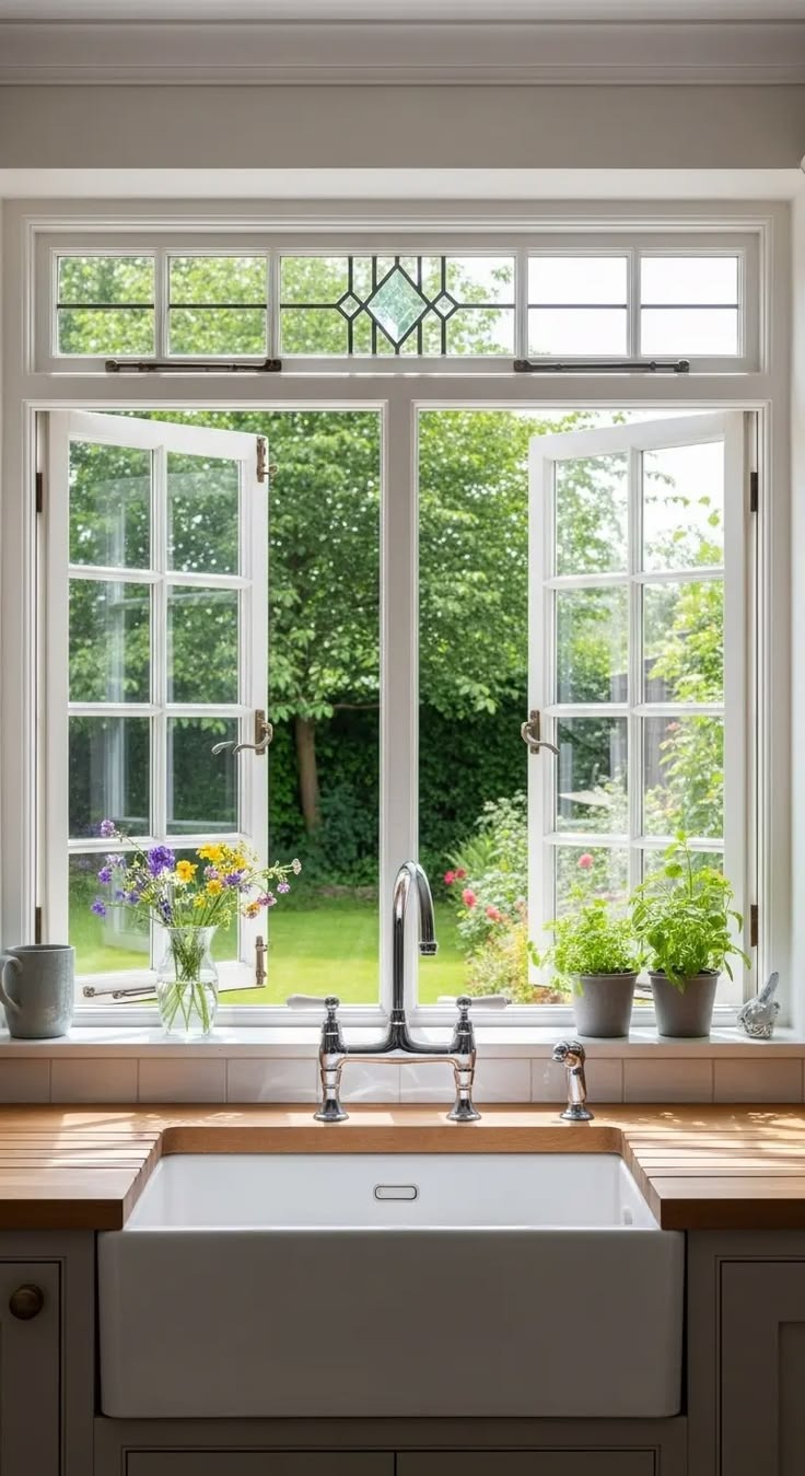 A kitchen sink with a garden view