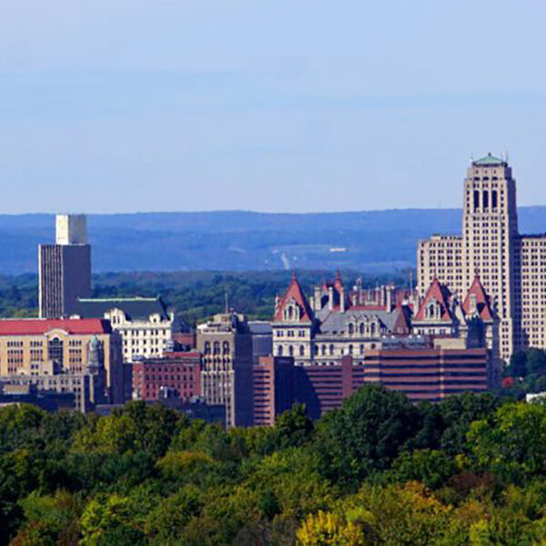 A cityscape with tall buildings and trees in the foreground. The background features a clear blue sky.
