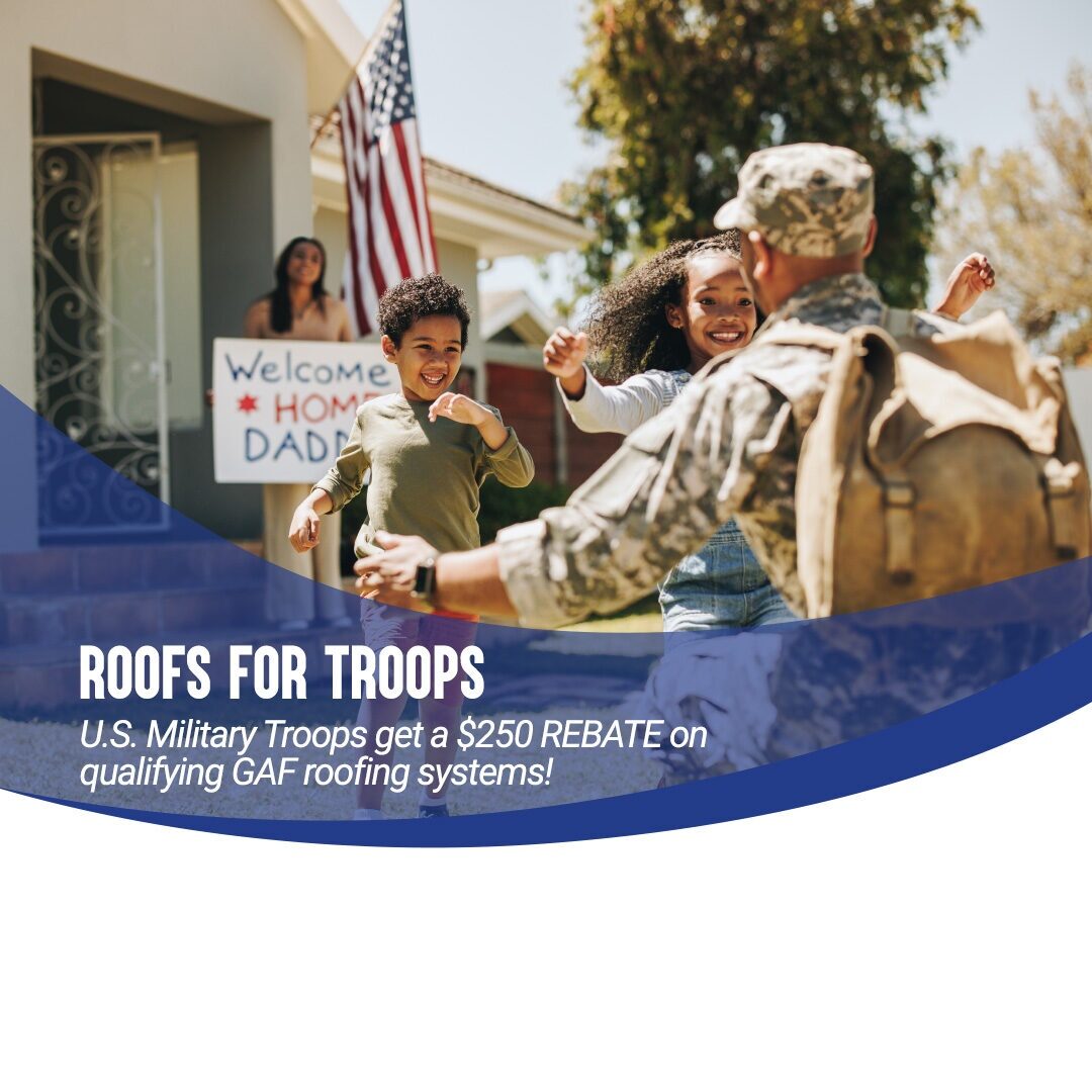 Family welcoming home a military soldier with a roofing rebate offer